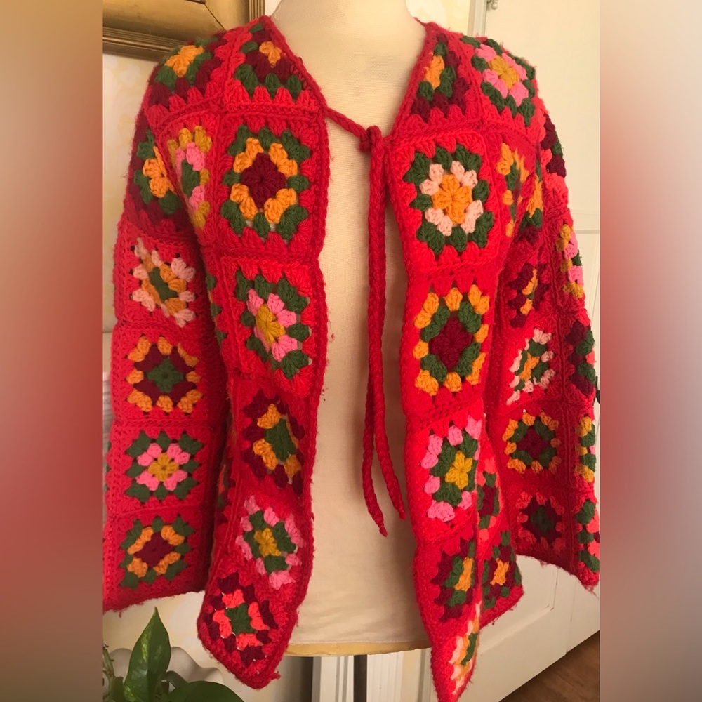 Vintage hand- crocheted Sweater ! many colorful squares very 70’s,1 of a kind